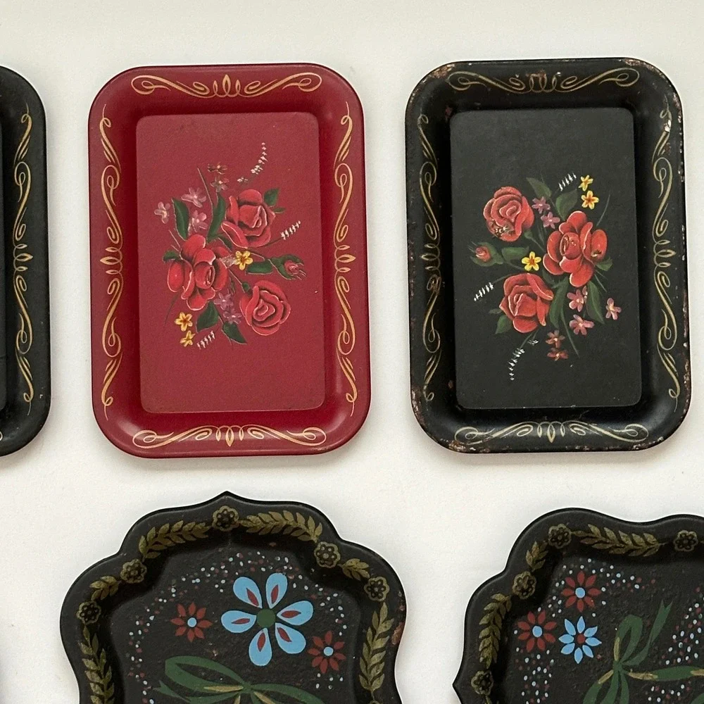 Vintage Set of 6 Mini Trays Toleware Floral  Black Red Rose Shabby Cottage Folk